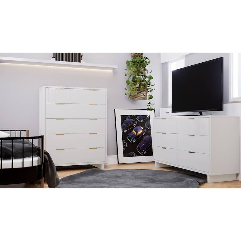 Manhattan Comfort 2-Piece Granville Modern Solid Wood Tall Chest and Double Dresser Set - White