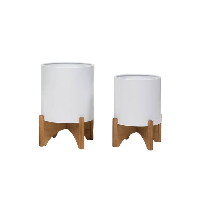 Raya White Indoor Metal Pot Planter With Arch Wood Base Set - 12.25"H x 9.75"W x 9.75"D