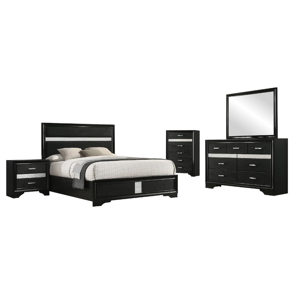 Vino Black 5pc California King Bed Set with Dressers, Glitter Accent