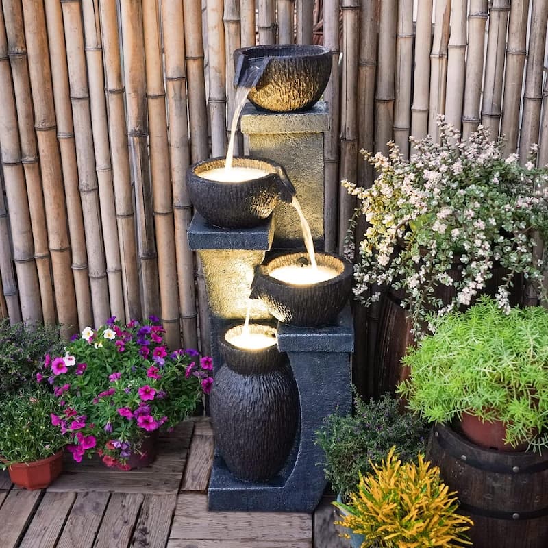 37.4”H Water Fountain Outdoor 4- Crocks Modern Garden Fountains LED Lighted Floor Fountain