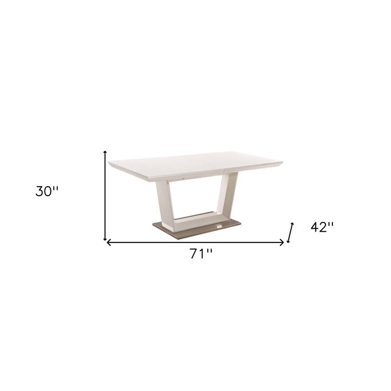 HomeRoots 71" White Wood and Metal Self-Storing Leaf Pedestal Base Extendable Dining Table - 71.00 in. x 30.00 in. x 42.00 in.