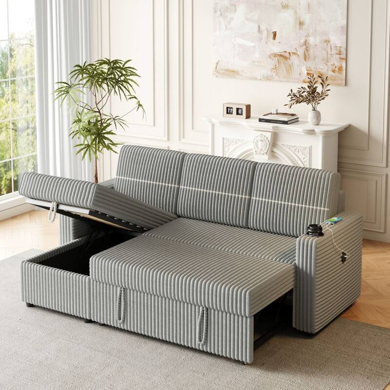 85 Inches Corduroy Sofa Bed, 3 Seater Sleeper Sofa, Pull Out Couch for Living Room
