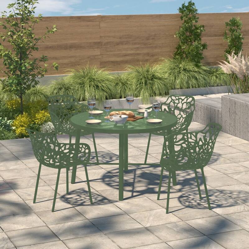 Devon Outdoor Aluminum Dining Chair with Floral Cutout, Stackable, Weather-Resistant, UV-Protected, Indoor/Patio Seating - Khaki Green