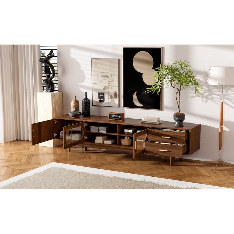 Roomfitters 78 Inch TV Stand for TVs up to 85 Inch, Media Console with Fluted Glass Doors, 2 Drawers & Solid Wood Legs, Walnut