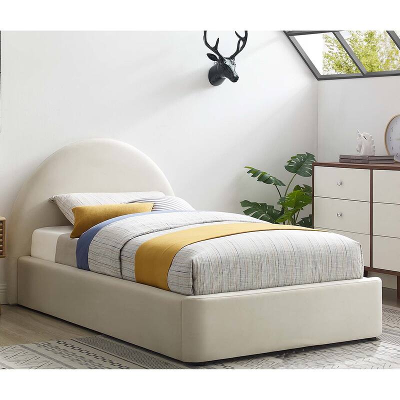 Palmetto Modern Round Headboard Off-white Velvet Upholstered Twin Size Platform Bed