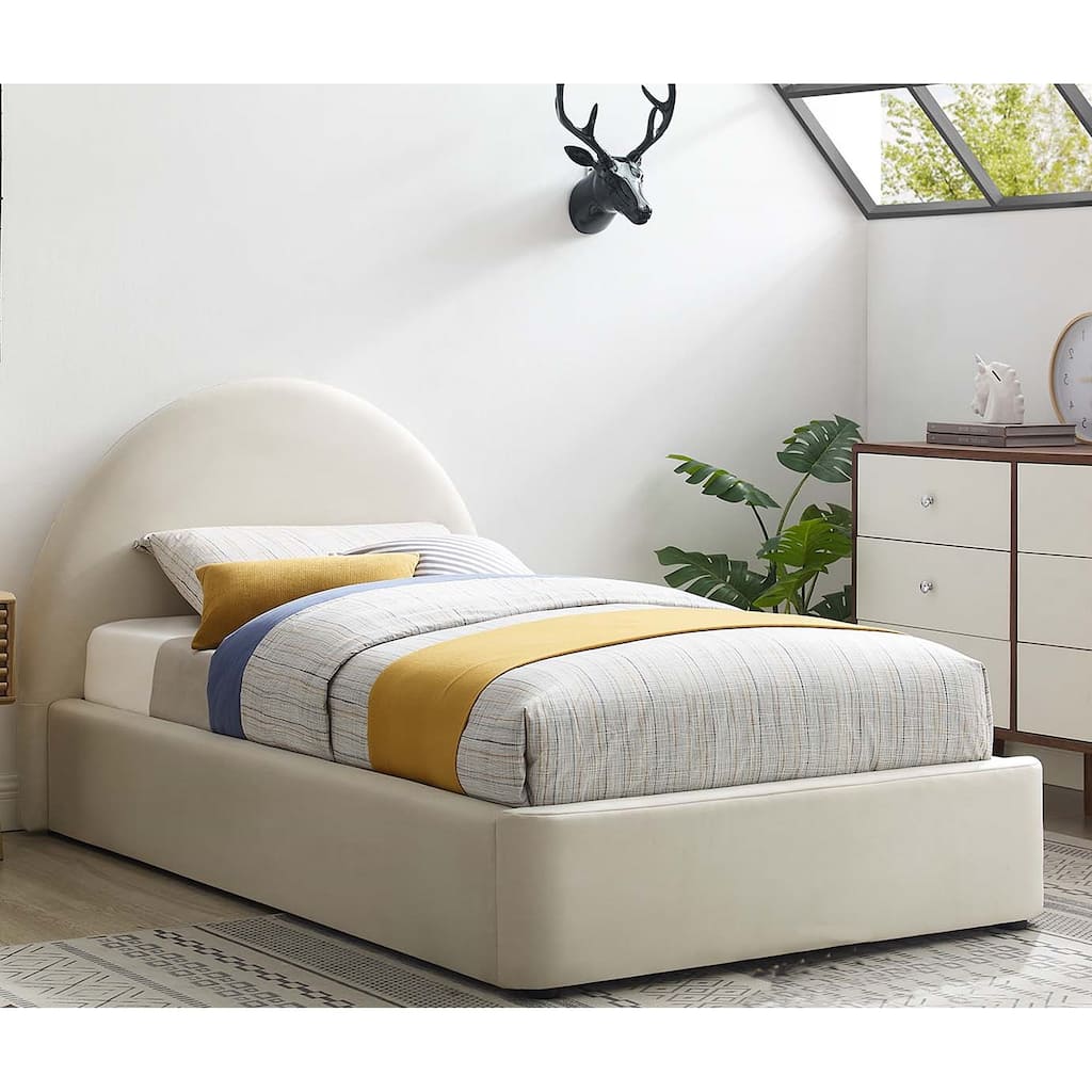 Palmetto Modern Round Headboard Off-white Velvet Upholstered Twin Size Platform Bed