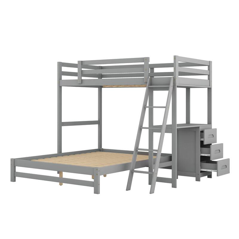 Twin Over Full Solid Wood Bunk Bed with Built-in Desk and Three Drawers