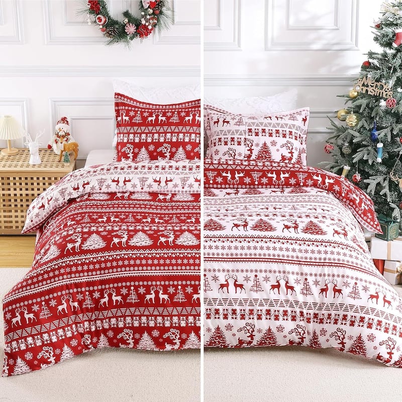 Christmas Holiday Reindeer Duvet Cover and Pillow Shams Set, Bedding Set