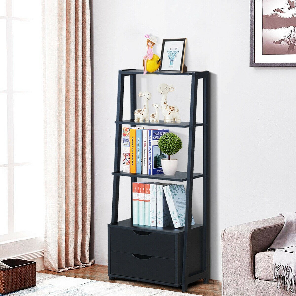 4-Tier Bookcase Bookshelf Leaning Wall Shelf Ladder Storage Display Furniture 