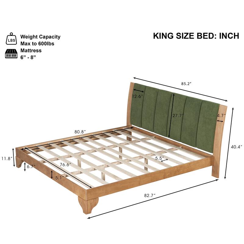 Mid-Century Modern Wood Platform Bed Frame with Upholstered Headboard, Wood Slat Support, No Box Spring Needed, Easy Assembly