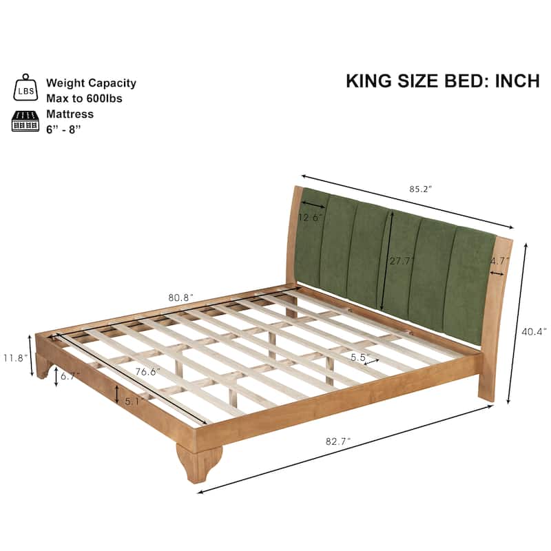Roomfitters Pine Wood Bed Frame with Headboard, Mid Century Modern Sturdy Platform Base & Wood Slats