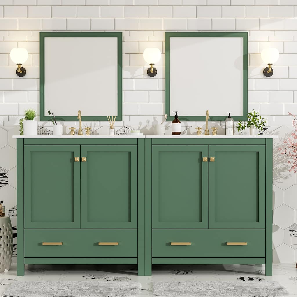 60" Green Bathroom Vanity Set with Double Vanities (Separate), Double Ceramic Sinks,Storage Shelf,and Divided Drawers