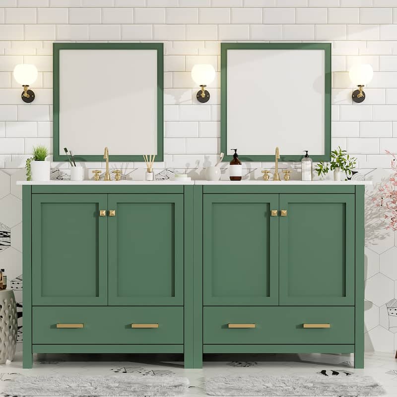 GDFStudio - Aurora Wood Bathroom Vanity Set with Ceramic Sink and Divided Drawers - 60" - Green