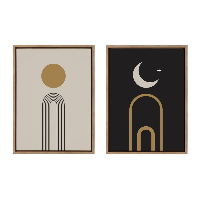Kate and Laurel Sylvie Boho Minimalist Sunrise Rainbow and Boho Moon Arches Framed Canvas Art Set by The Creative Bunch Studio