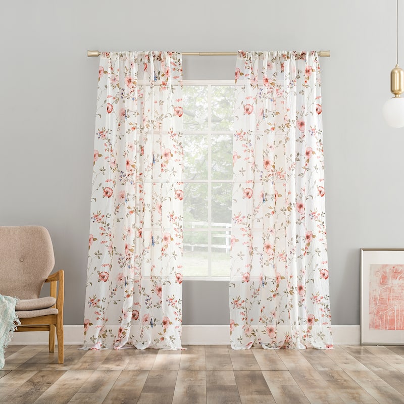 No. 918 Jocelyn Floral Print Crushed Voile Sheer Rod Pocket 1-Piece Curtain Panel, Single Panel