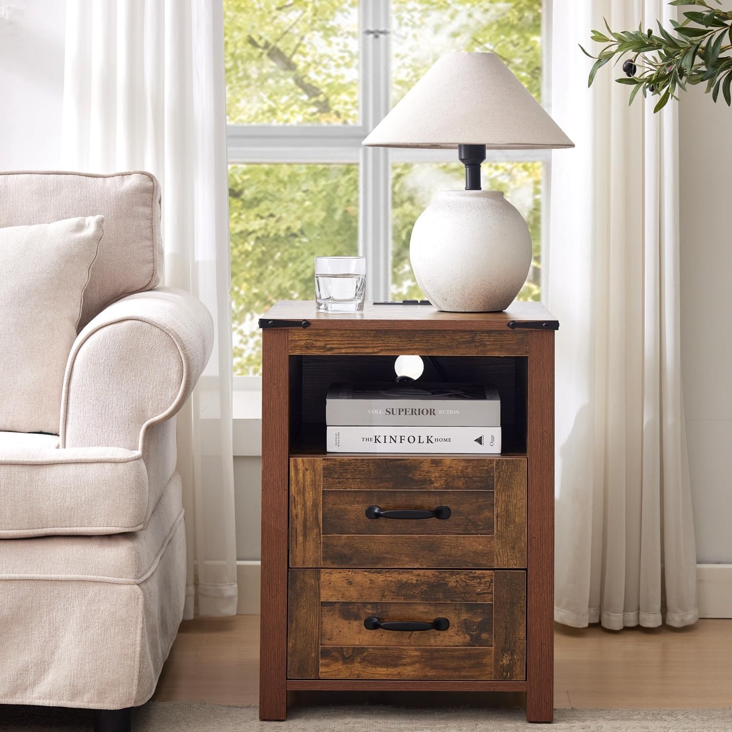 Rustic Wooden Nightstand with Charging Station and Open Storage Shelf