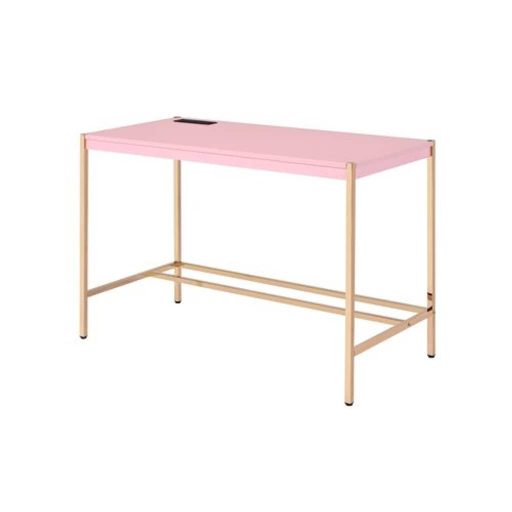 Writing Desk with USB Dock and Metal Legs, Pink and Rose Gold