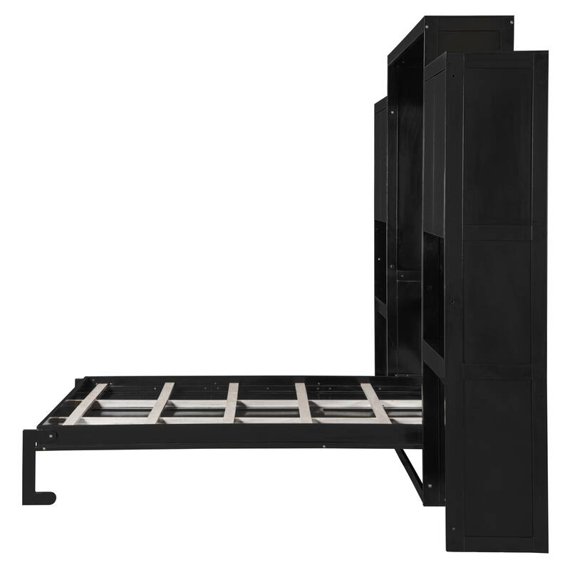 Queen Murphy Bed with Fold-Out Desk, Flip-Up Vanity Mirror, and Storage Cabinets, Space-Saving Design