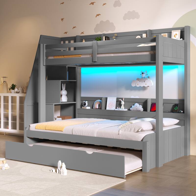 Twin over Full Bunk Bed with Storage Staircase - Trundle, Shelves, LED & USB for Kids Room
