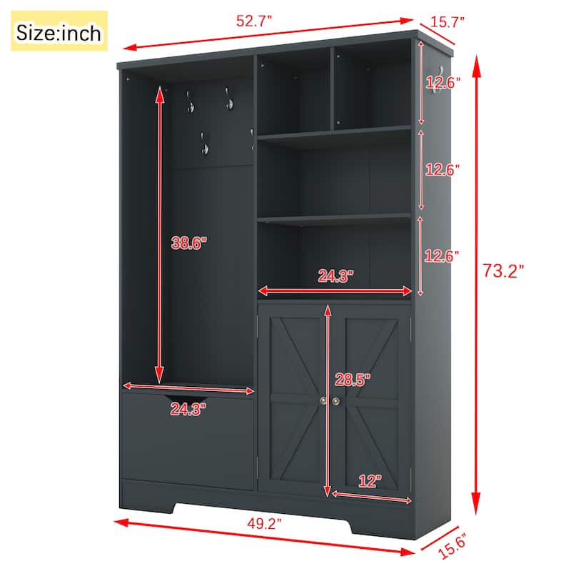 Multi-Functional Hall Tree with Shoe Cabinet, Bench, Shelves, Drawer & 5 Hooks, 52.7W x 73.2H Entryway Coat Rack