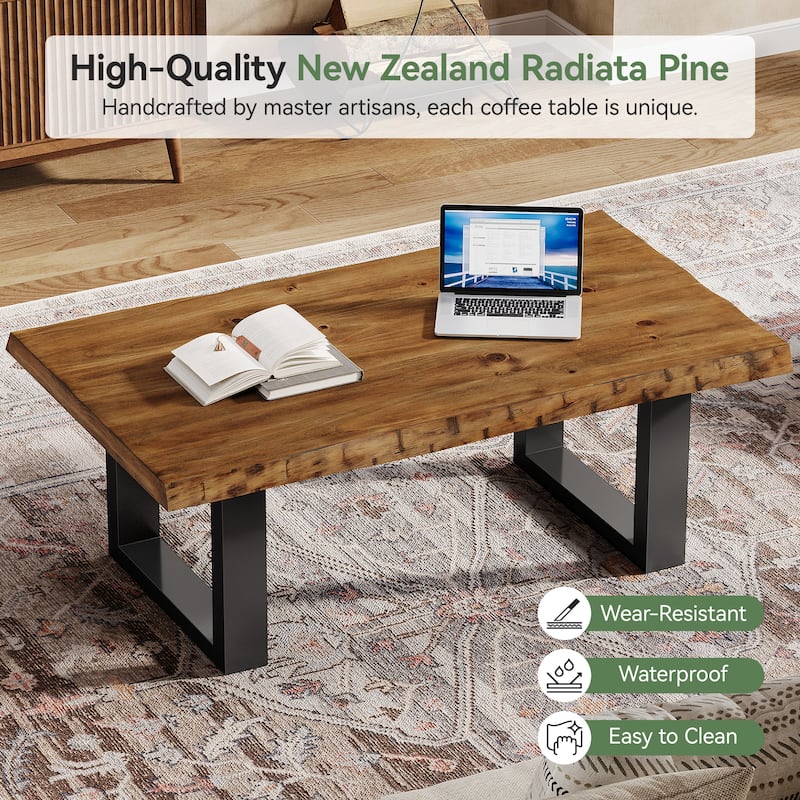 47 Inch Solid Wood Coffee Table for Living Room, Modern Center Table with Metal Frame - 47.2" W x 23.6" D x 17.7" H