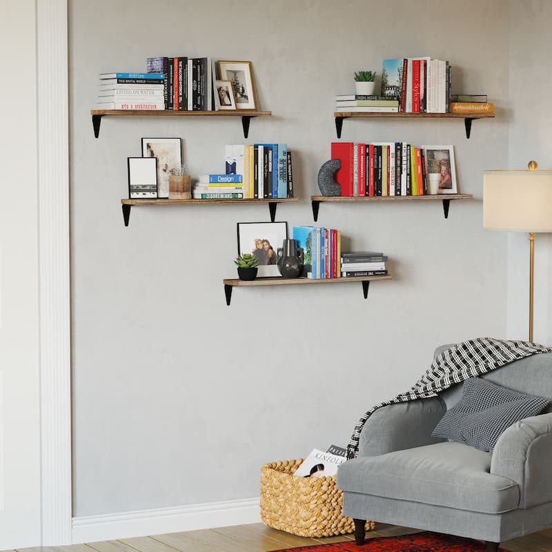 Wallniture Arras 24x4.5" Floating Shelves, Living Room Wall Decor, Burnt, Set of 5
