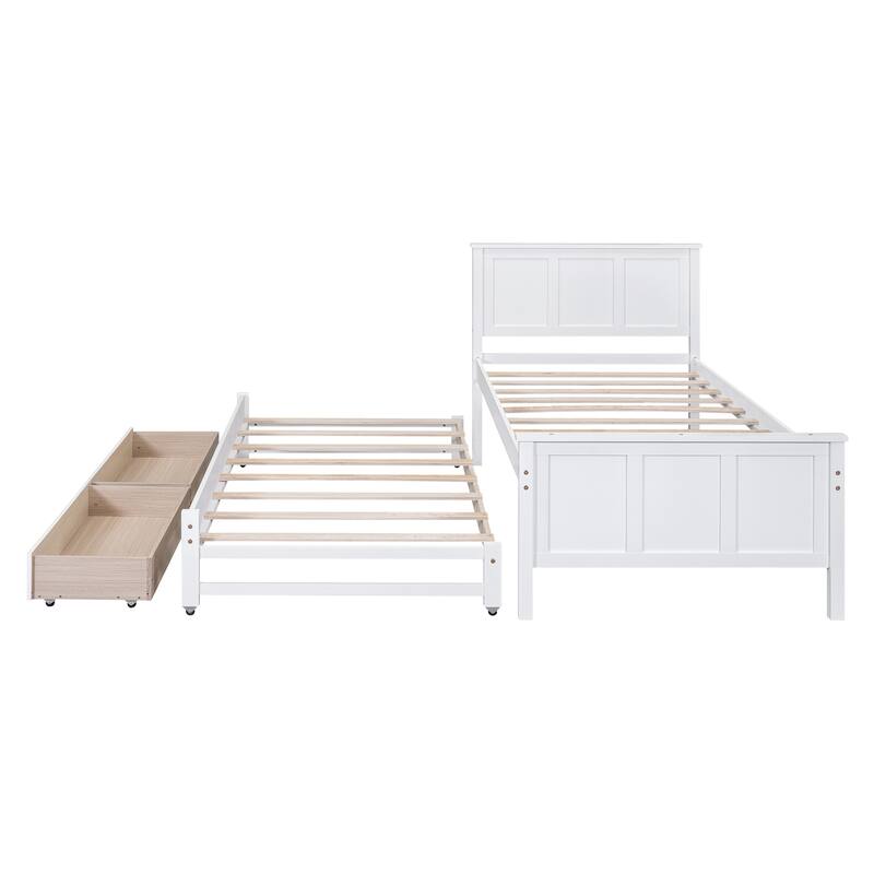 White Twin Platform Bed with Trundle and Storage Drawers, Solid Pine Wood Frame