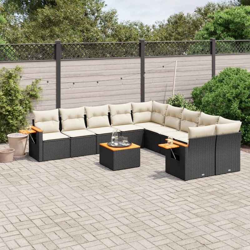 vidaXL Patio Sofa Set with Cushions Outdoor Conversation Furniture Poly Rattan - Black and cream with table - 21.7 x 21.7 x 14.6 in