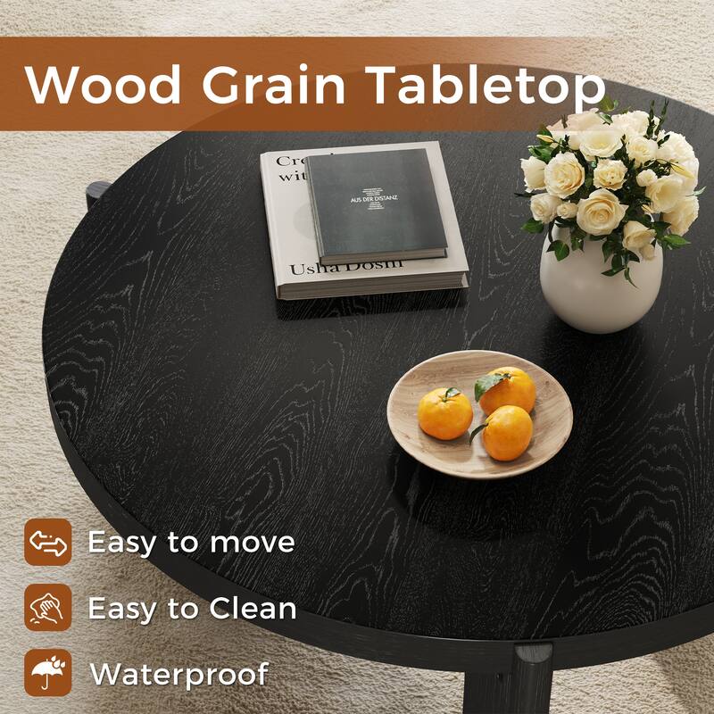 JASIWAY Black Wood Round Coffee Table with Fluted Legs