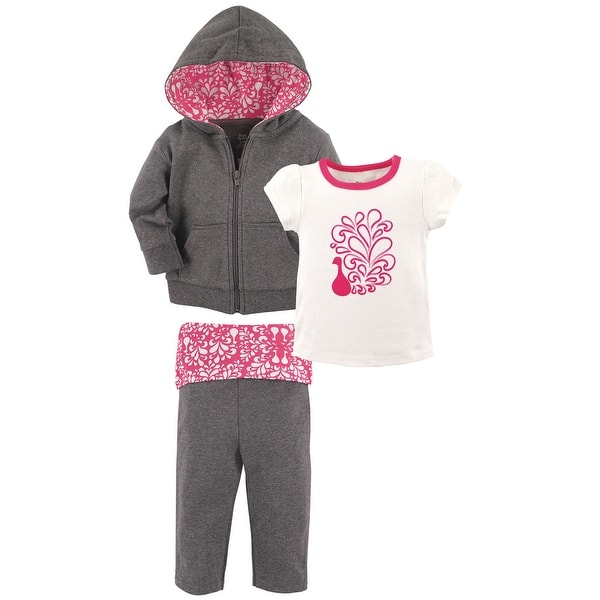 slide 1 of 1, Yoga Sprout Toddler Girl Cotton Hoodie, Tee Top, and Pant, Peacock Toddler 2T - Peacock Toddler