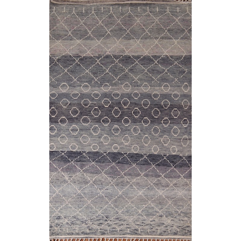 Grays & Blues Trellis Moroccan Oriental Rug Hand-Knotted Wool Carpet - 5'11"x 9'8"