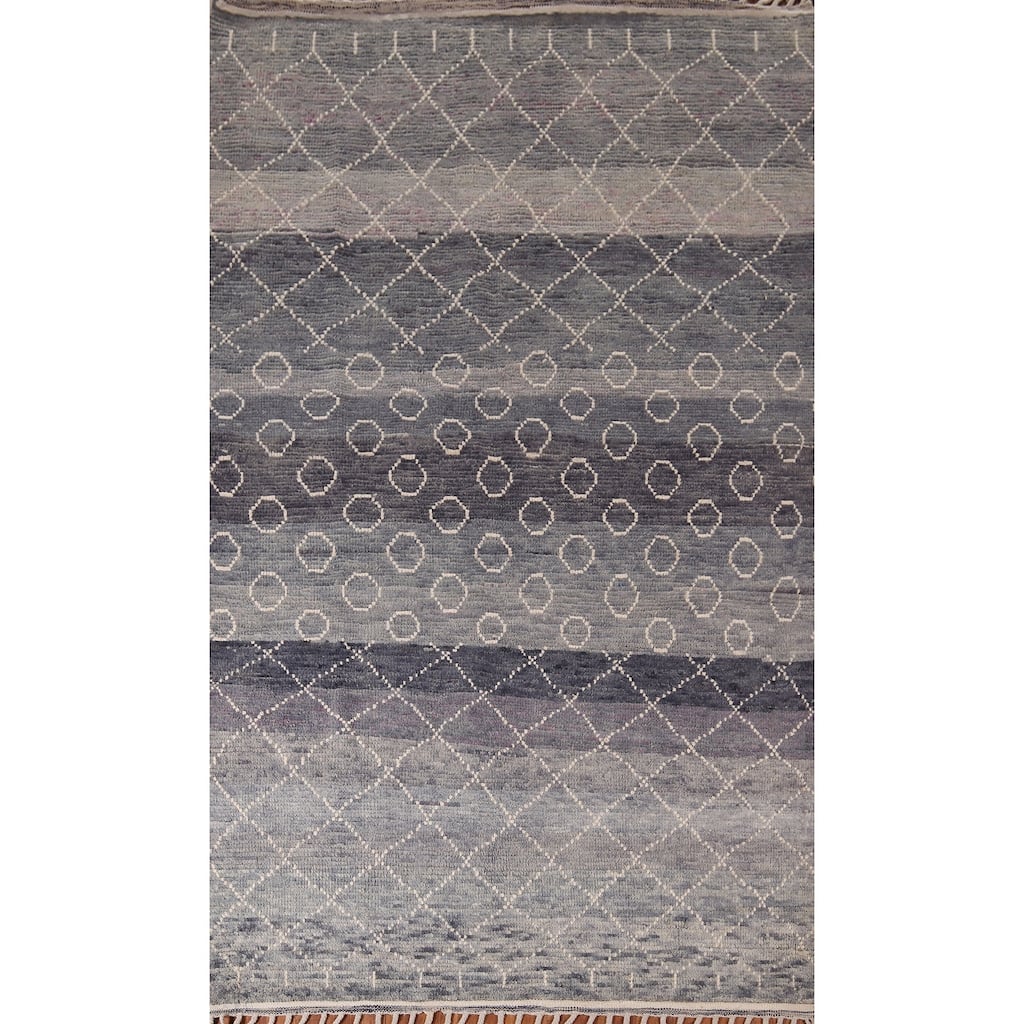 Grays & Blues Trellis Moroccan Oriental Rug Hand-Knotted Wool Carpet - 5'11"x 9'8"