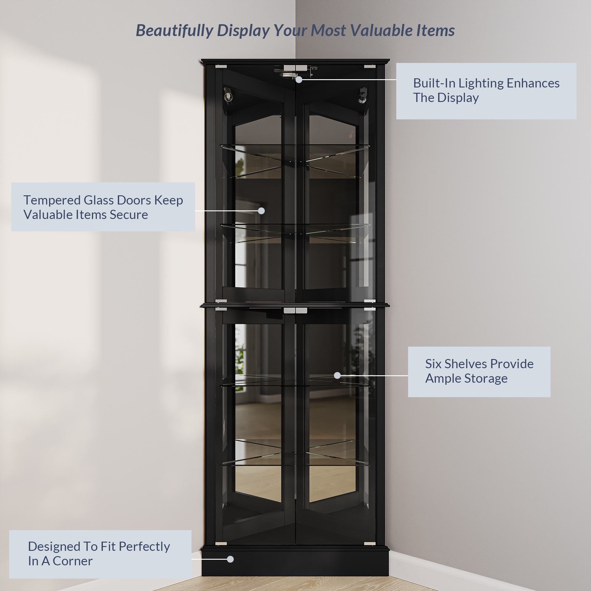 Belleze woody lighted corner curio online cabinet tempered glass door 6 shelves