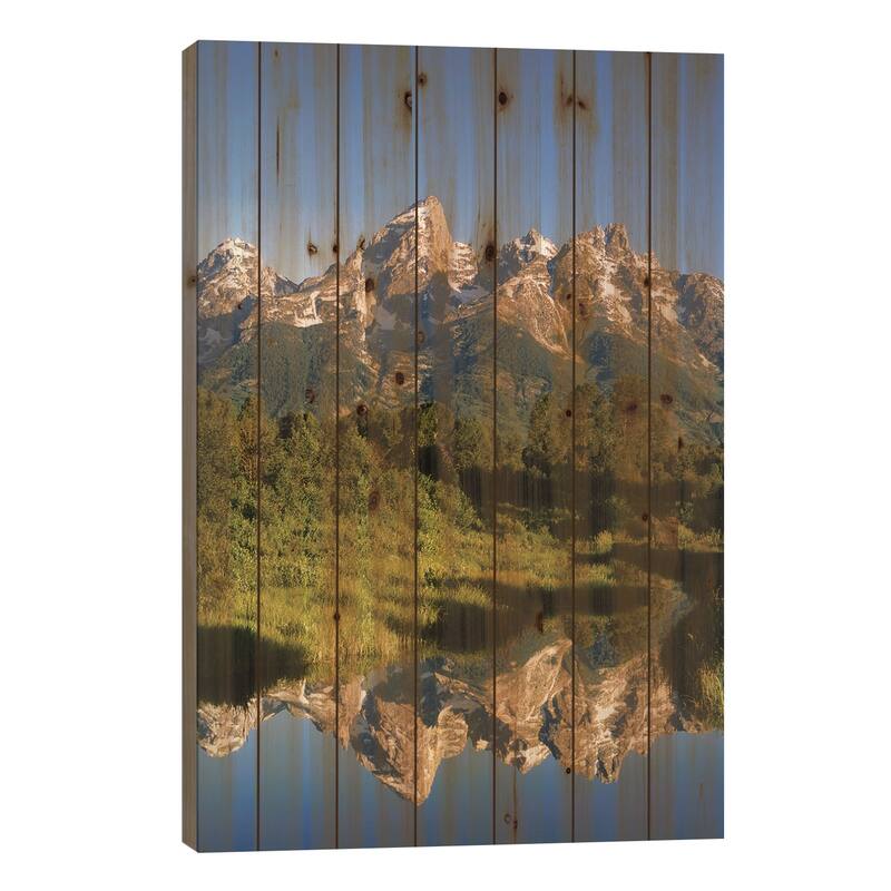 USA, Wyoming, Grand Teton National Park. Grand Tetons reflect in Snake River. Print On Wood by Jaynes Gallery - Multi-Color - 40x26x1.5