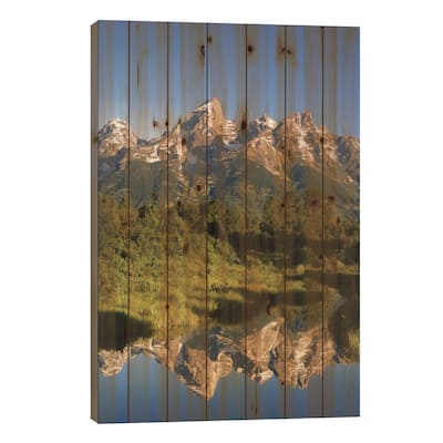USA, Wyoming, Grand Teton National Park. Grand Tetons reflect in Snake River. Print On Wood by Jaynes Gallery - Multi-Color
