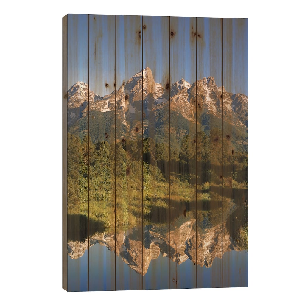 USA, Wyoming, Grand Teton National Park. Grand Tetons reflect in Snake River. Print On Wood by Jaynes Gallery - Multi-Color