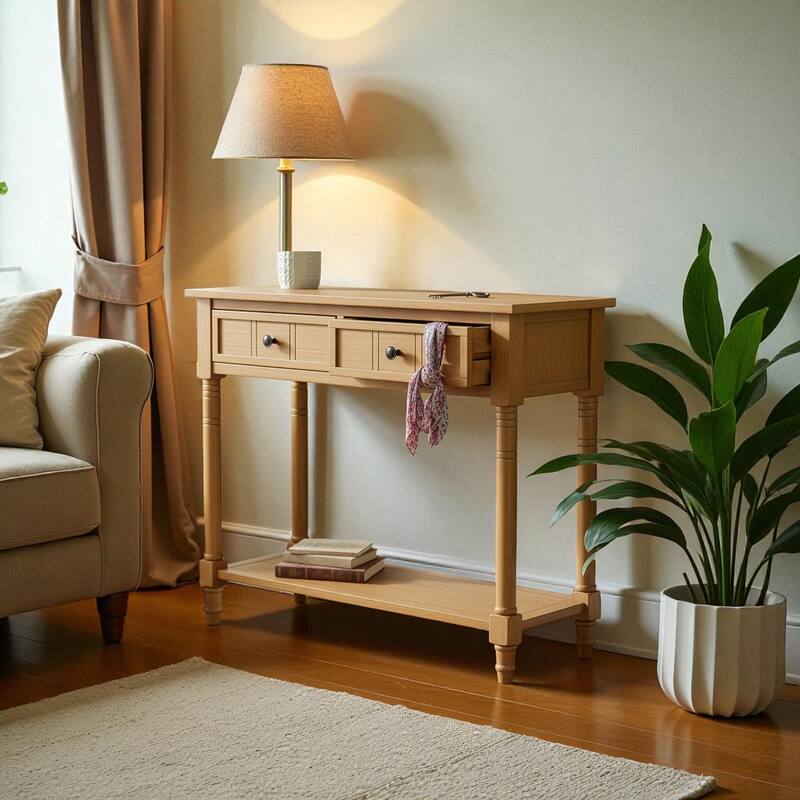 Daisy Series Traditional Console Table with 2 Drawers and Bottom Shelf, Solid Pine Wood Entryway Accent Table
