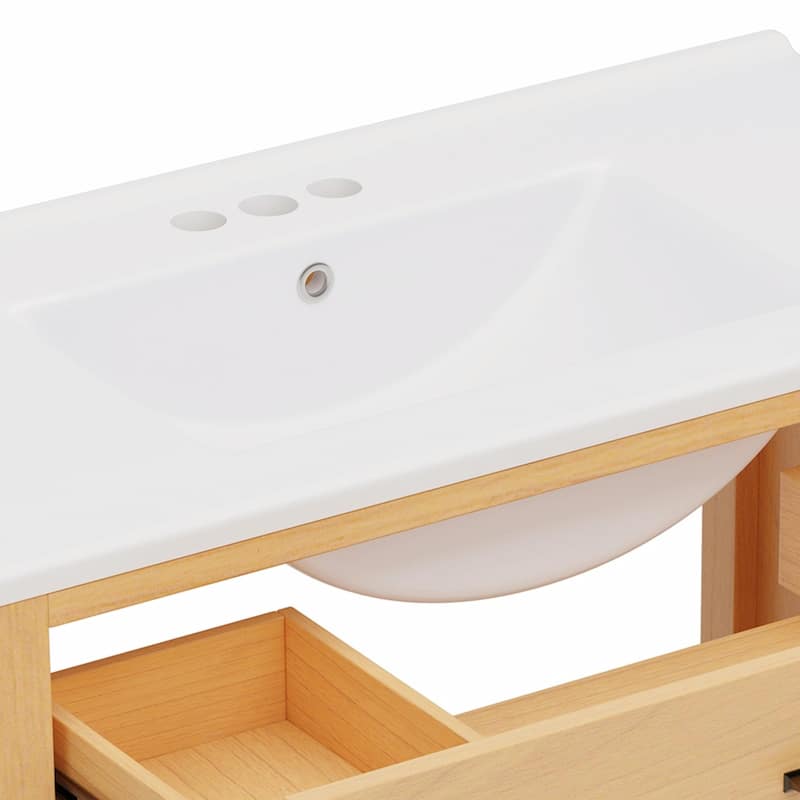 36" Rattan Bathroom Vanity with Ceramic Sink, Modern Bathroom Sink Cabinet with 2 Soft Close Doors and 3 Drawers