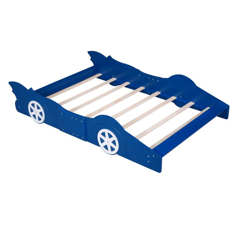Full Size Race Car Platform Bed with Wheels in Blue