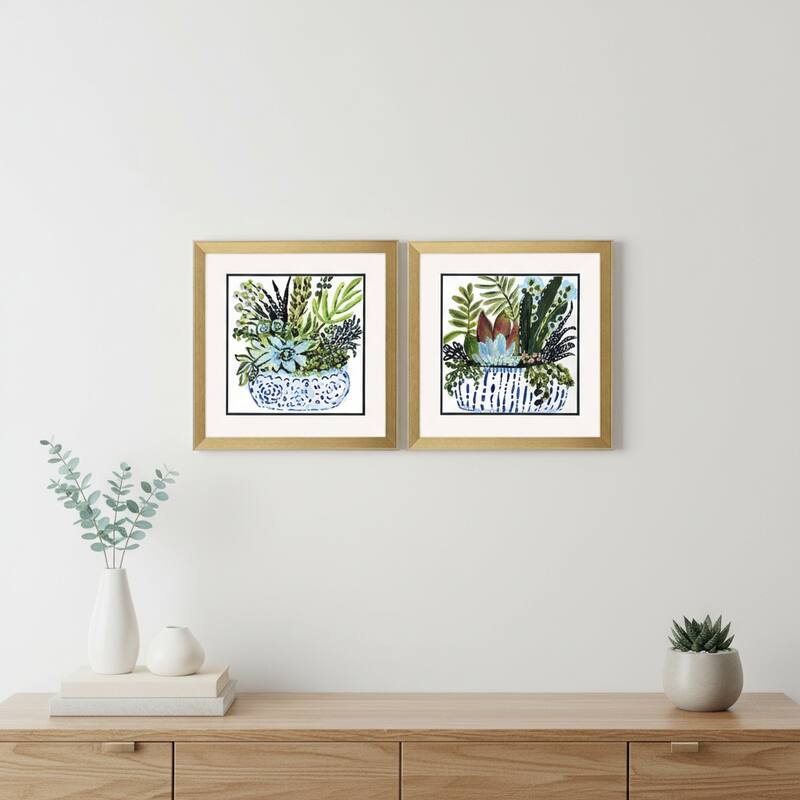 HomeRoots Set Of Two Succulent Garden Gold Framed Wall Art - 18.00 in. x 18.00 in.  x 2.00 in.
