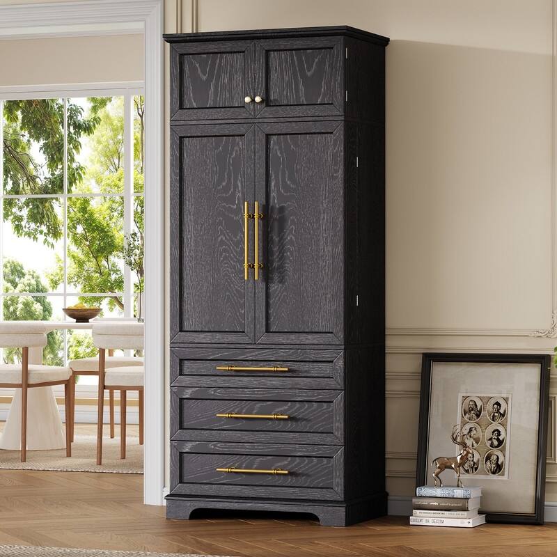 Farmhouse 78.2" Kitchen Pantry Cabinet with 4 Doors, 3 Adjustable Shelves and 3 Drawers - Black