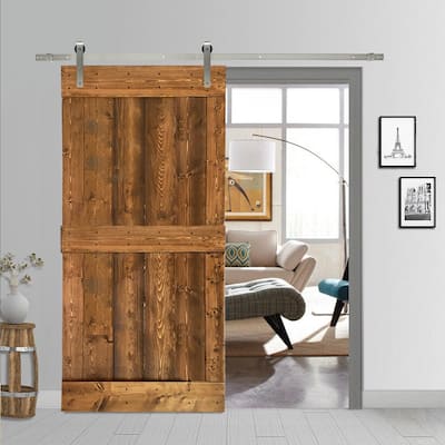 CALHOME MidBar Series Stained Wooden Sliding Barn Door w/ Hardware Kit