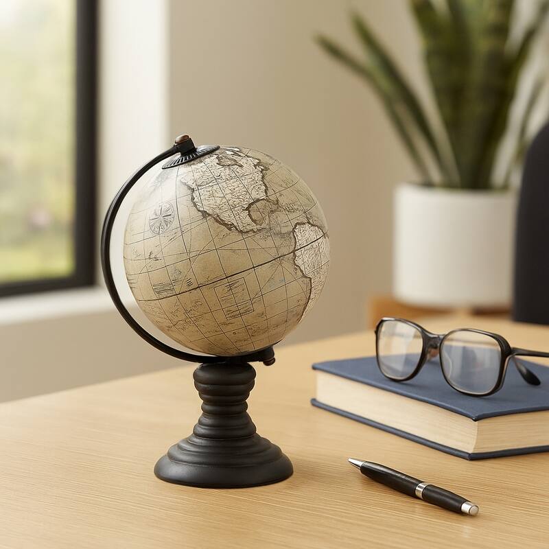 Wood Globe Classic Desk on Stand World Map Design - 7" Green/Black - 7.0"