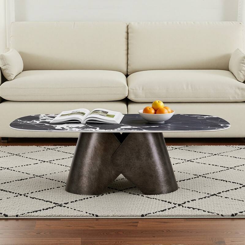 Spruce & Spring Modern Luxury Oval Ceramic Coffee Table with Black Marble Look Top and Sculptural Metal Base