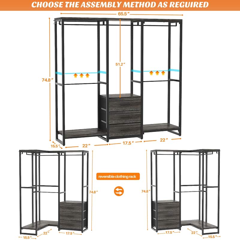 65.6'' Heavy-duty Garment Rack, Freestanding Closet Organizer with Fabric Drawers and 5 hanging Rods
