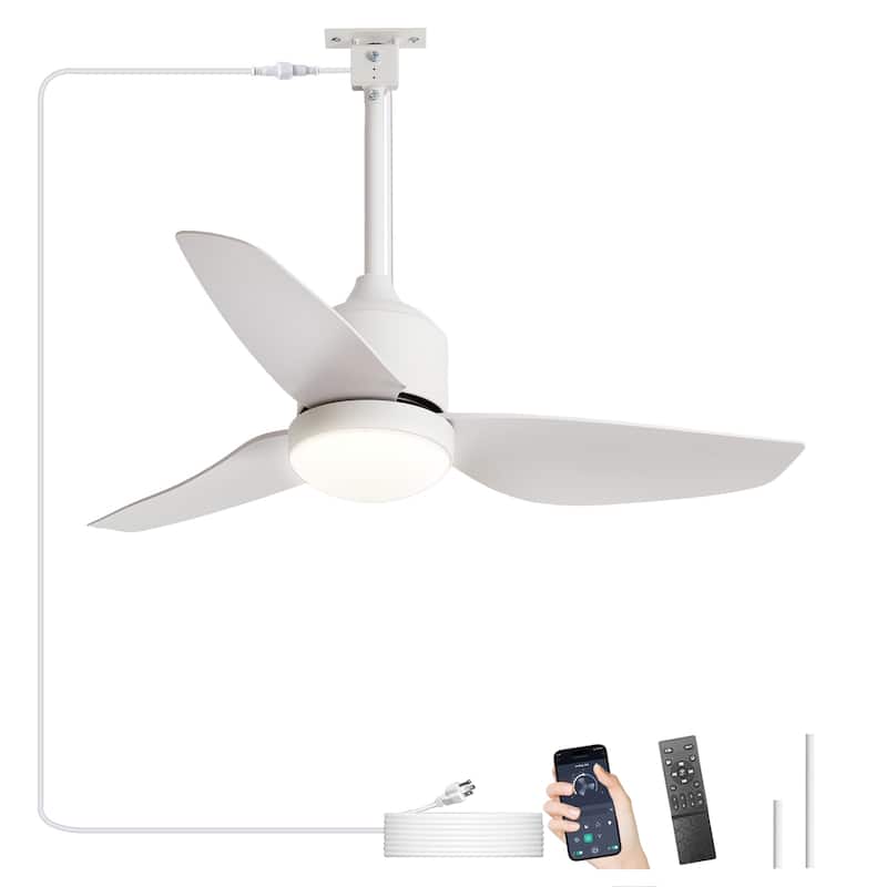 Outdoor Ceiling Fan with Light: 42-52 Inch Hanging - Plug in Waterproof Fans for Patio - Dimmable Remote App Control Black - White - 42in