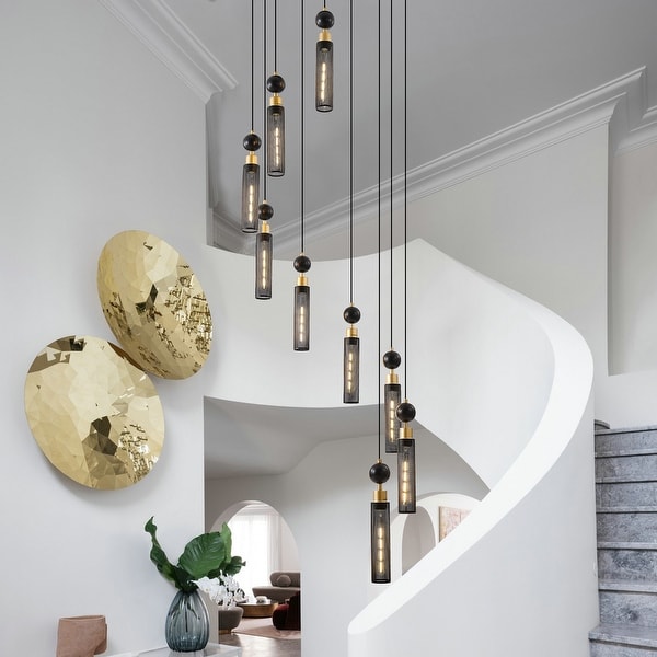 Modern Multi Light Pendant Chandelier 9 Light Black and Gold Adjustable Ceiling Light Fixture Bulb Not Inculded