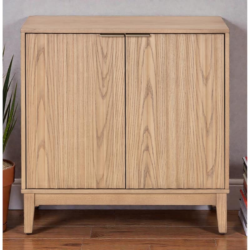 2-Door Fluted Storage Cabinet with Brass Handles, Natural Wood Accent Chest for Entryway, Dining Room or Living Room