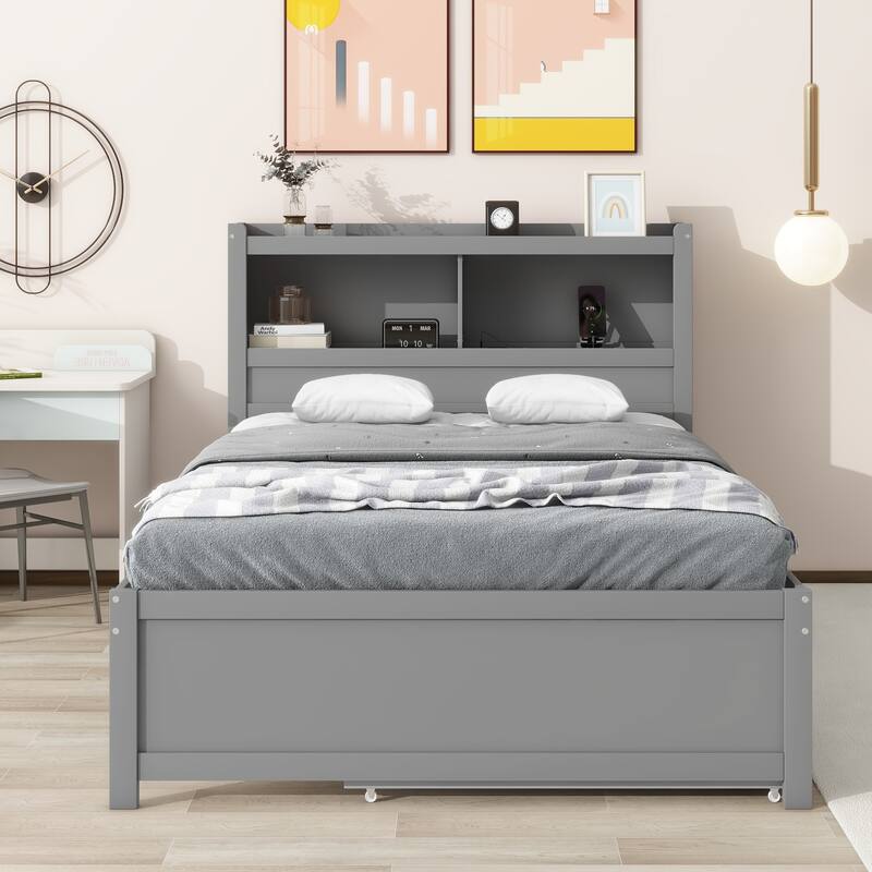 Full Size Storage Platform Bed with Trundle, Drawers and USB Ports in Gray