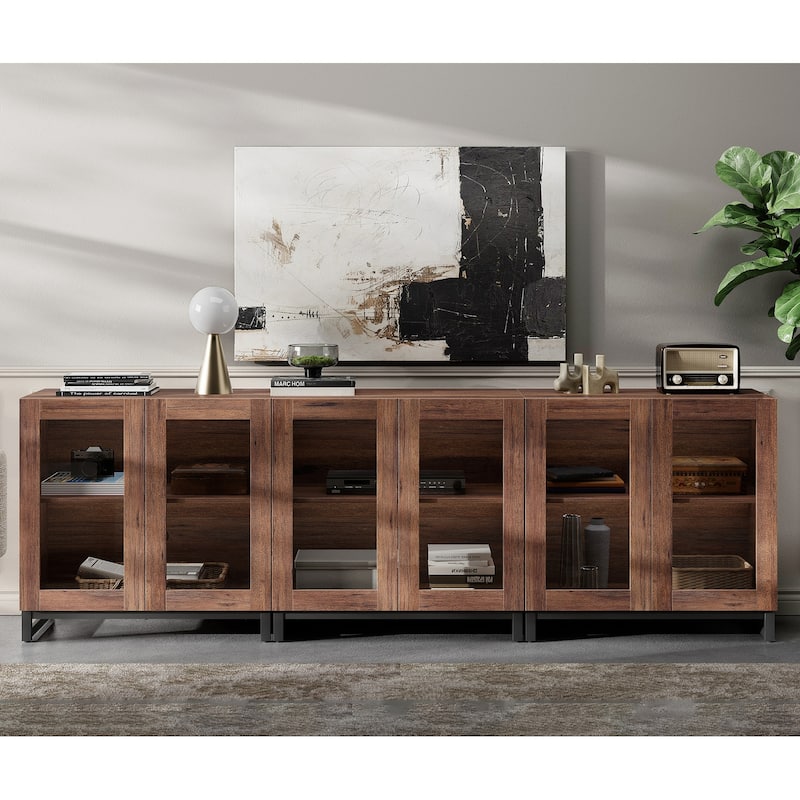 WAMPAT Modern TV Stand with Glass Doors for 110 inch TVs, Entertainment Center Console with Adjustable Shelves and Metal Base